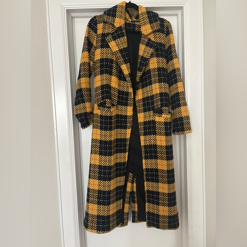 Lovers + Friends Yellow and Black Plaid Trench Coat